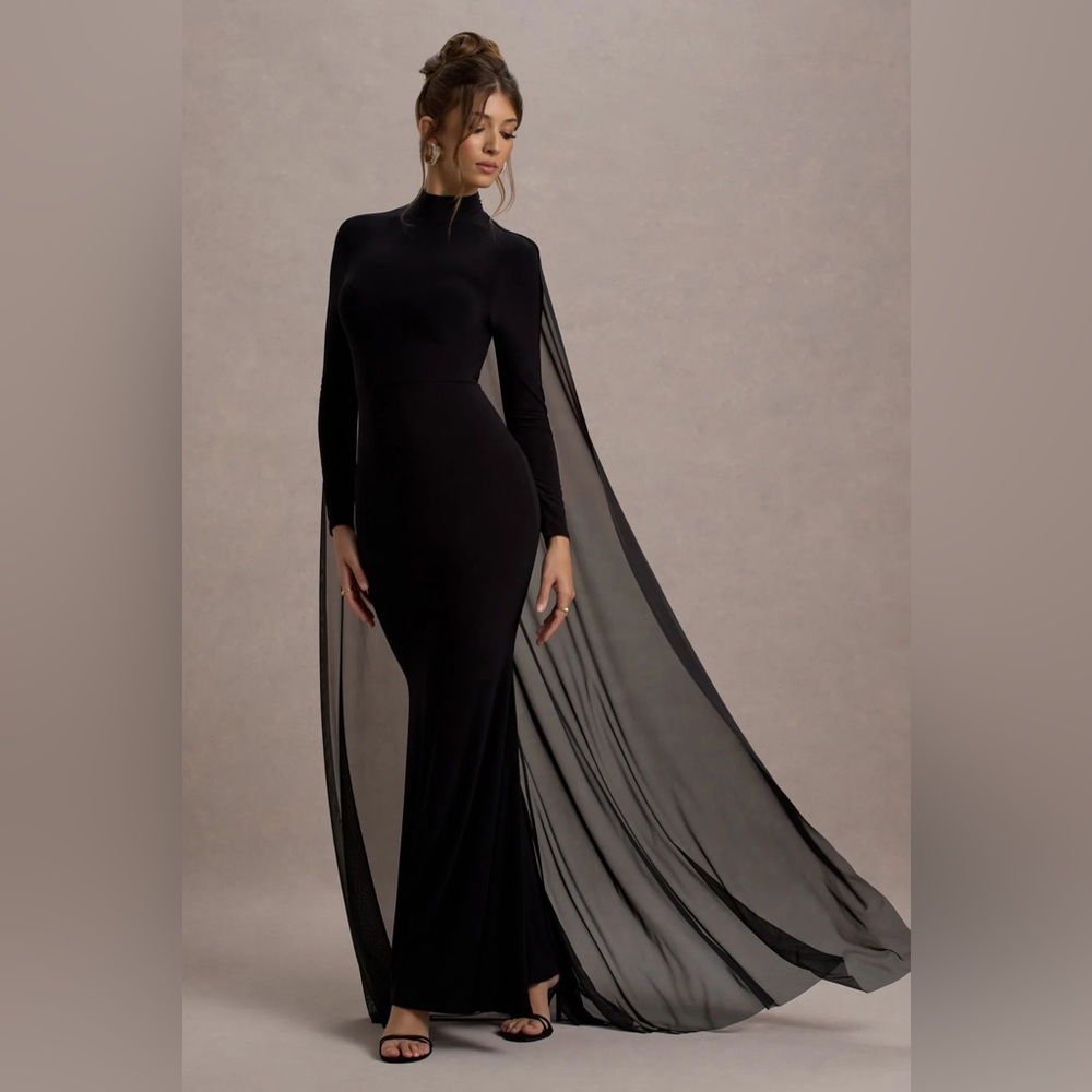 Club L London “La Nuit” Black High-Neck Maxi Dress with Cape